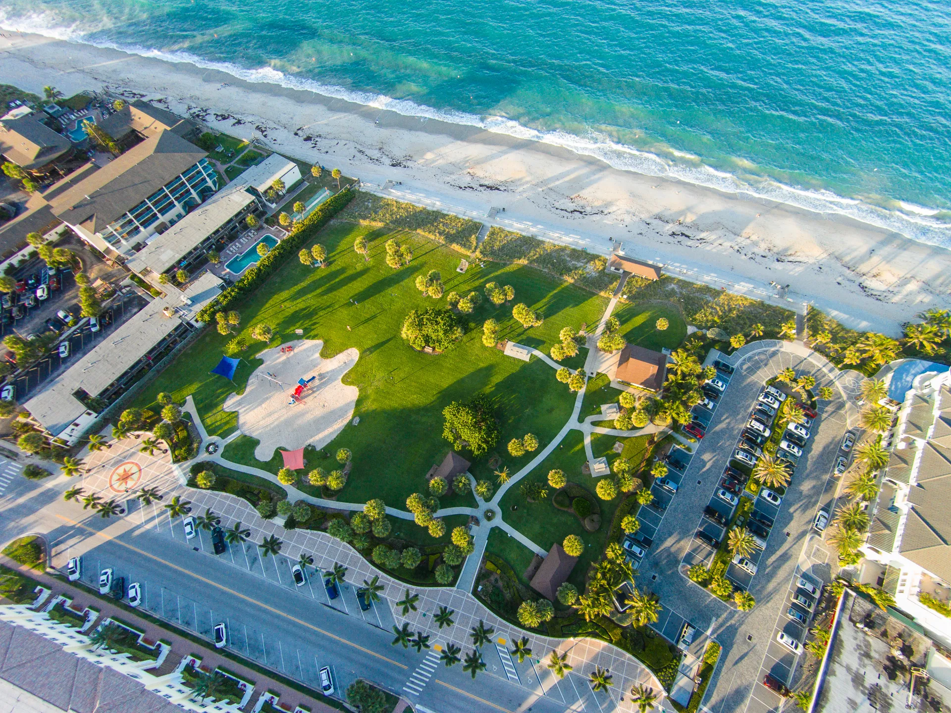 Aerial view of Humiston Park, Ocean Drive and the Atlantic shoreline